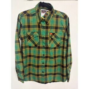 Dixxon Cool Runnings Flannel Shirt Green Yellow Black Plaid Women’s Size Large